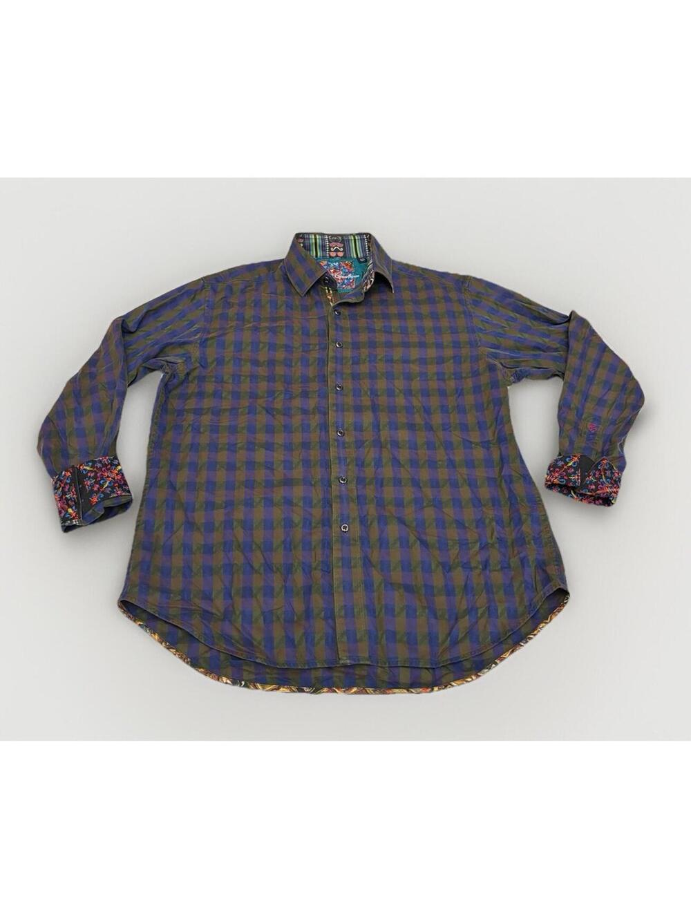 Men’s Robert Graham Long Sleeve Button Up Shirt Blue/green Plaid Flip Cuff SizeM